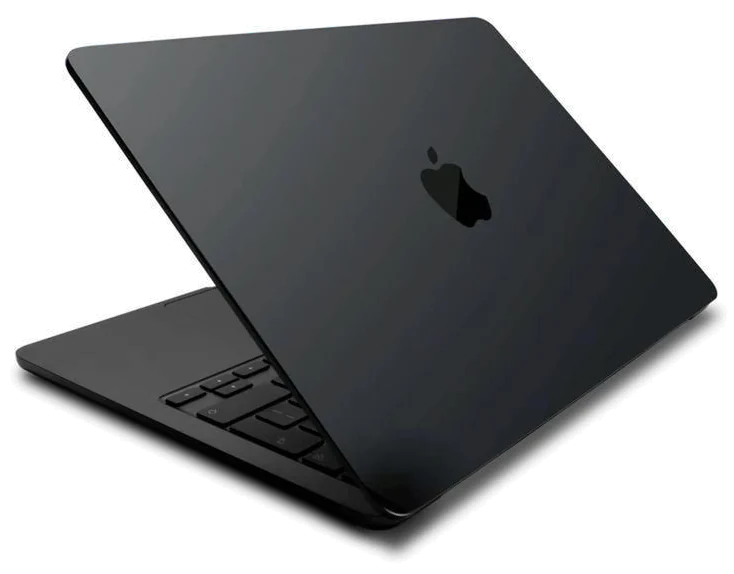 A black MacBook, lid half open, seen from behind