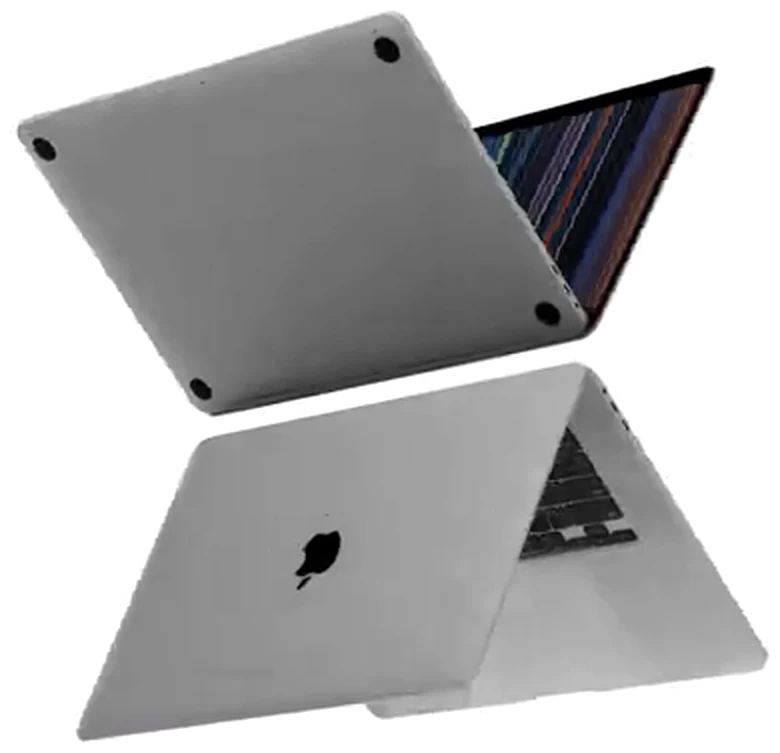 Two silver MacBooks, one above the other, lids opening